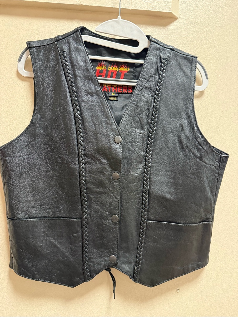 Hot Leathers Vintage Leather Motorcycle Vest Black Braided Biker Medium